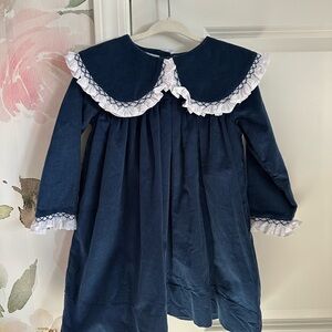 Vintage Navy Blue Dress with White Lace Trim